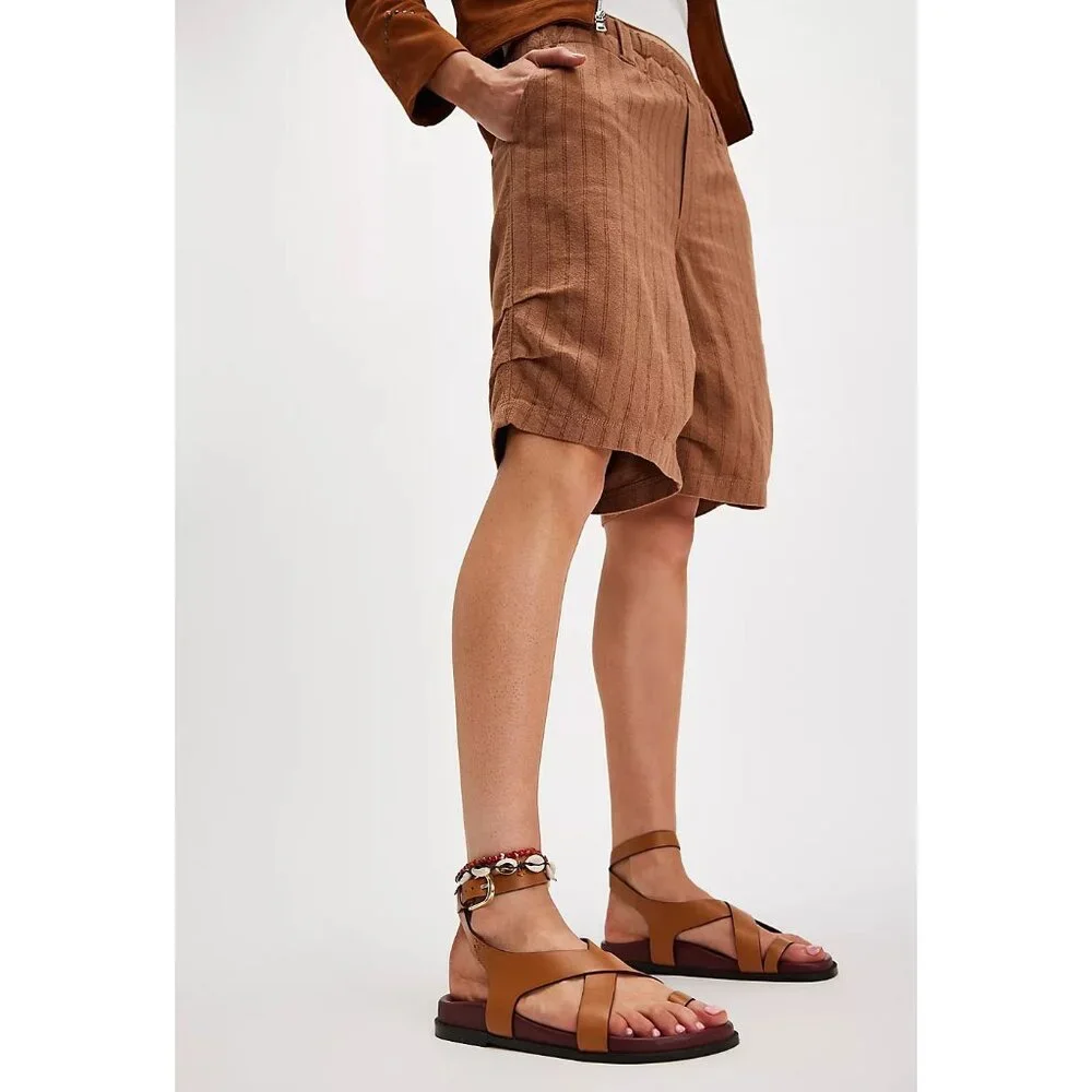 Free People Tan Leather Crisscross Ankle Strap Sandals